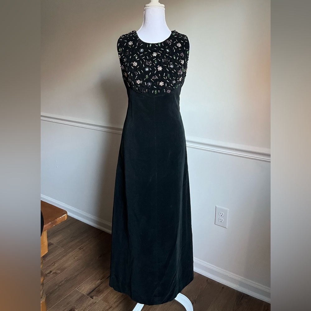 70s Handmade Beaded Velvet Dress | Custom Made | Back Cutout | Size M